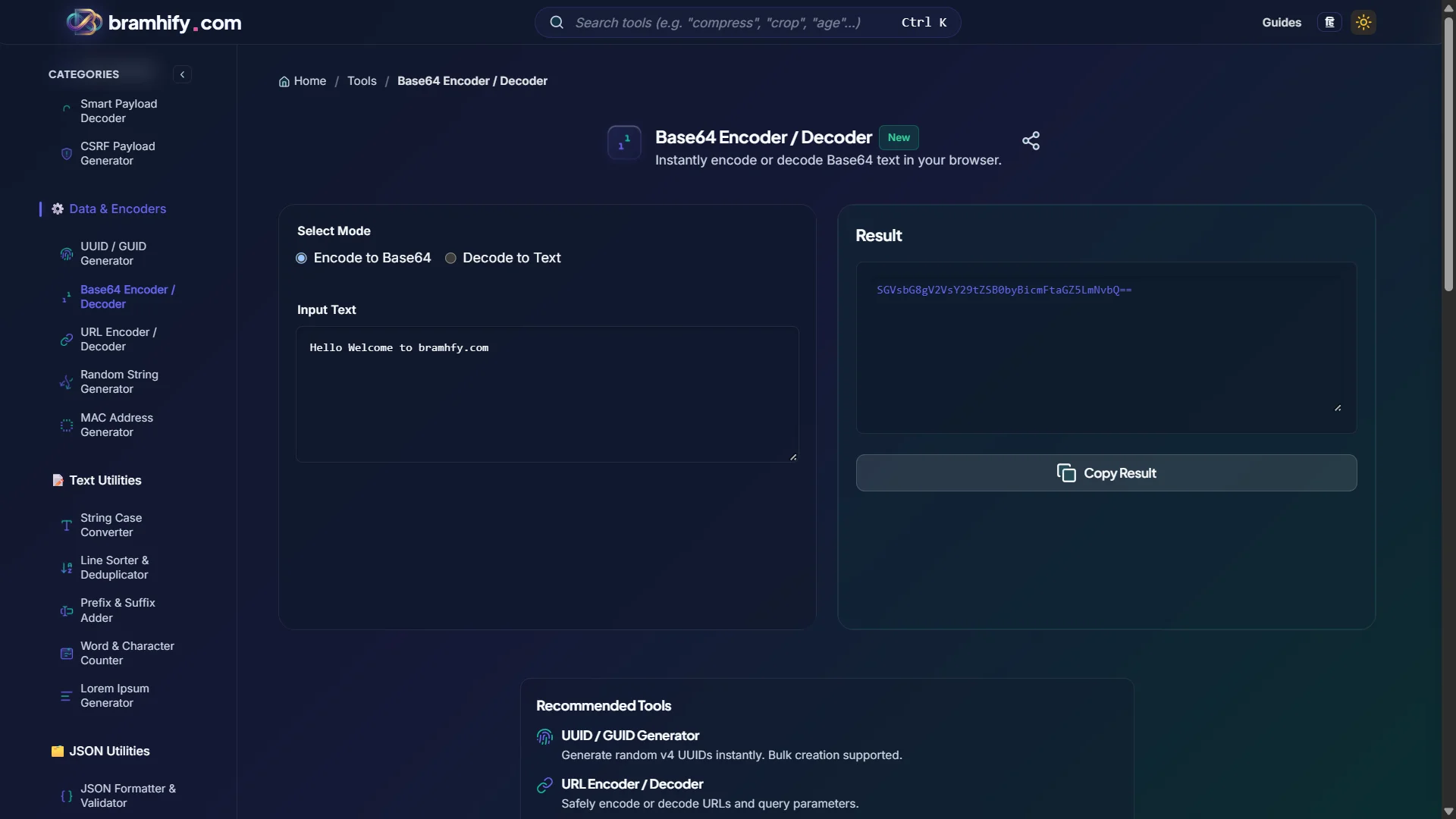 Bramhify Base64 Encoder Decoder tool in action