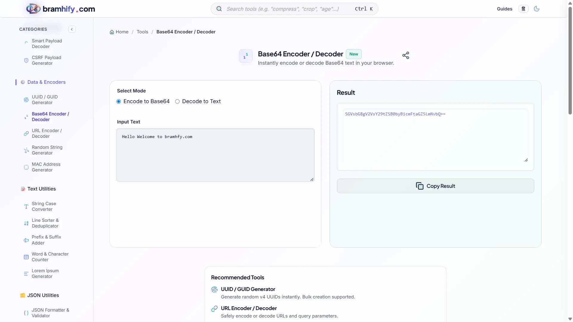 Bramhify Base64 Encoder Decoder tool in action