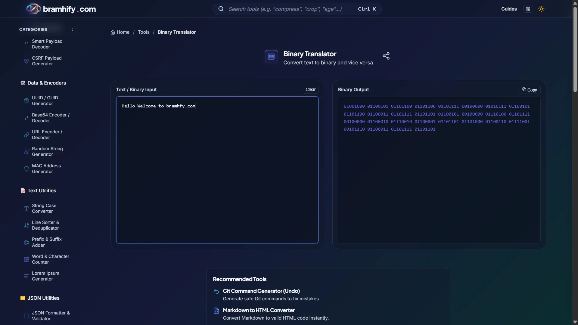 Bramhify Binary Translator tool in action