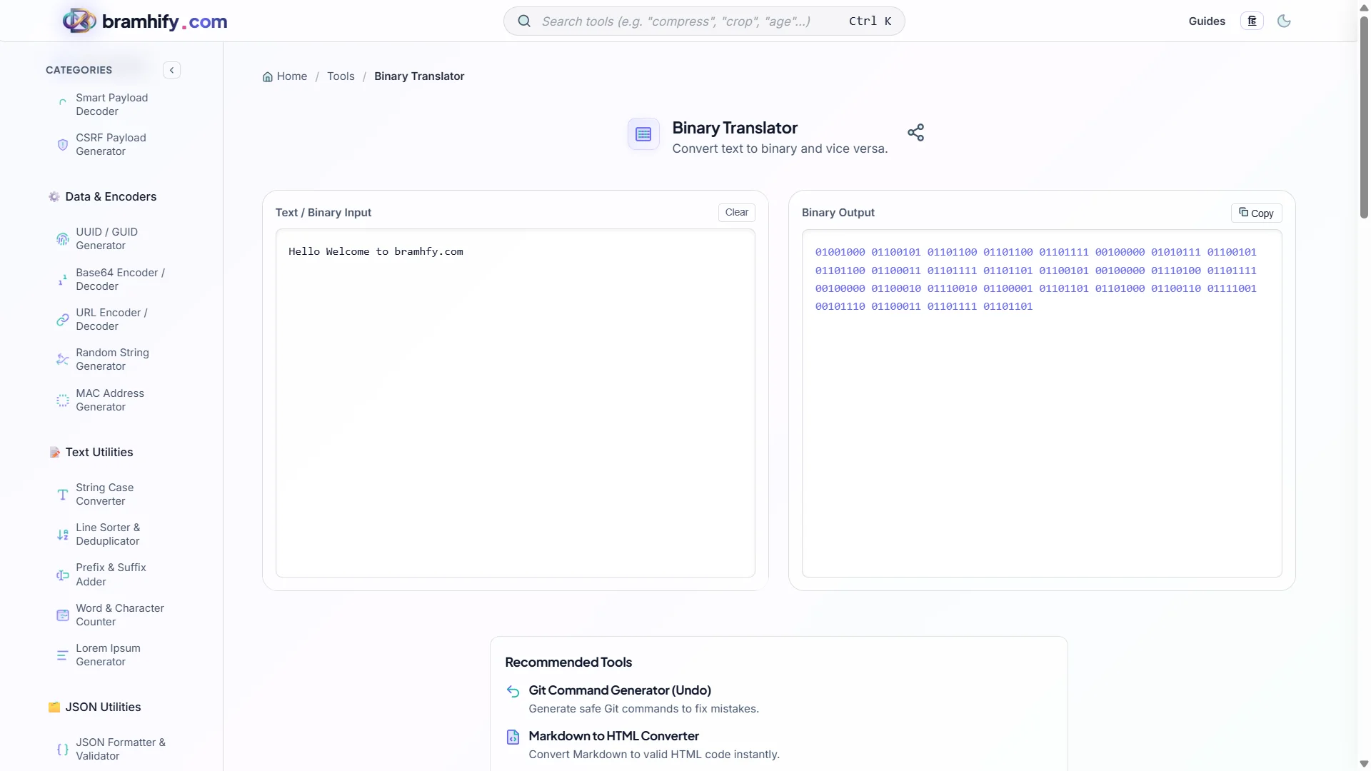 Bramhify Binary Translator tool in action