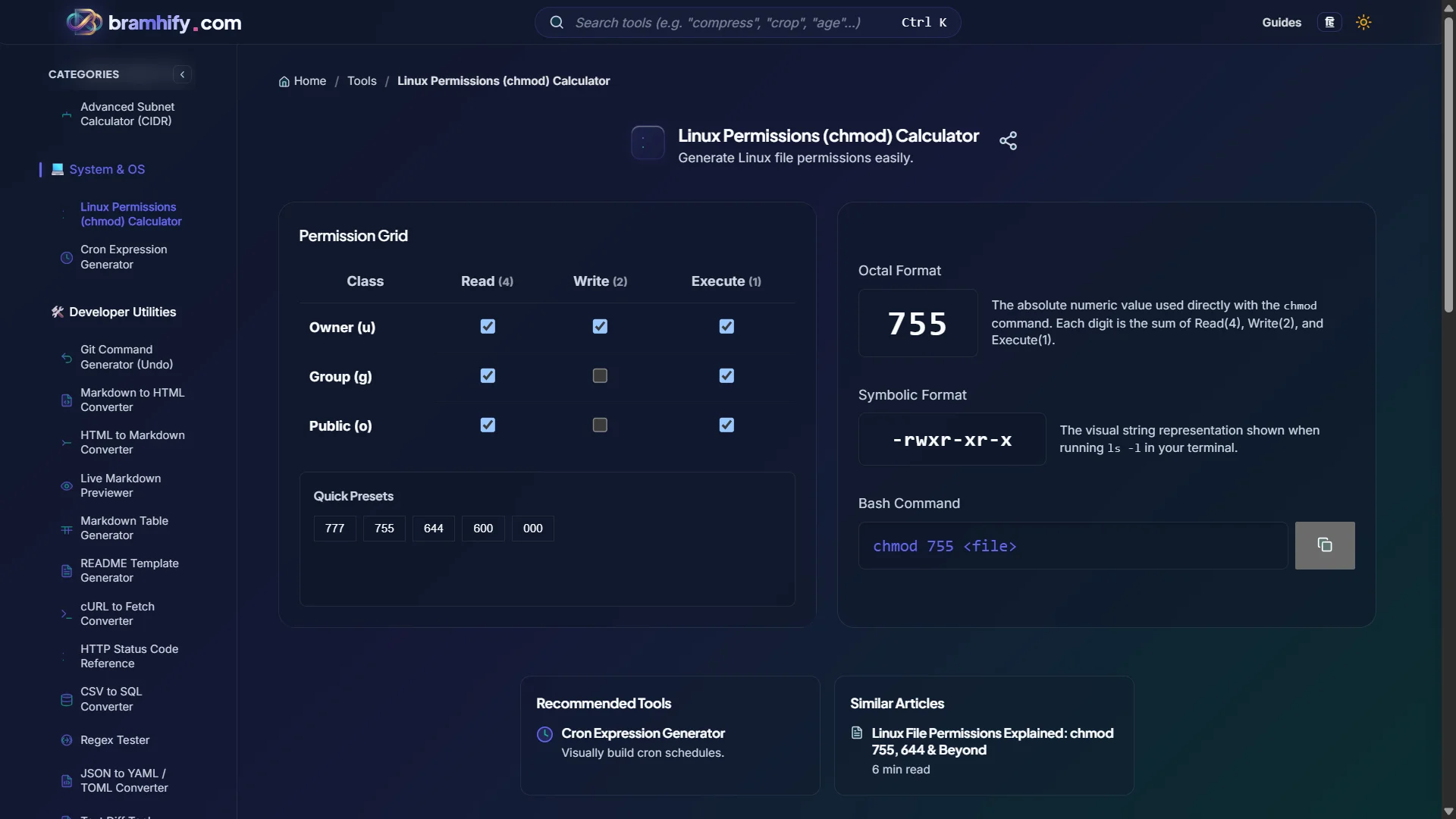 Bramhify chmod Calculator tool in action