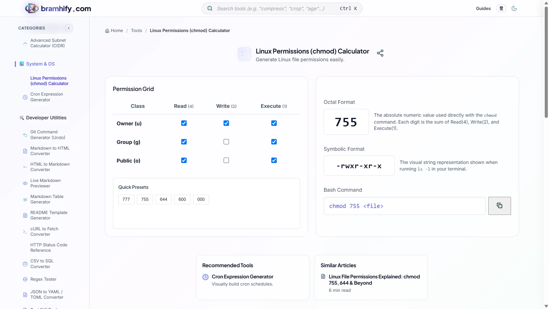 Bramhify chmod Calculator tool in action