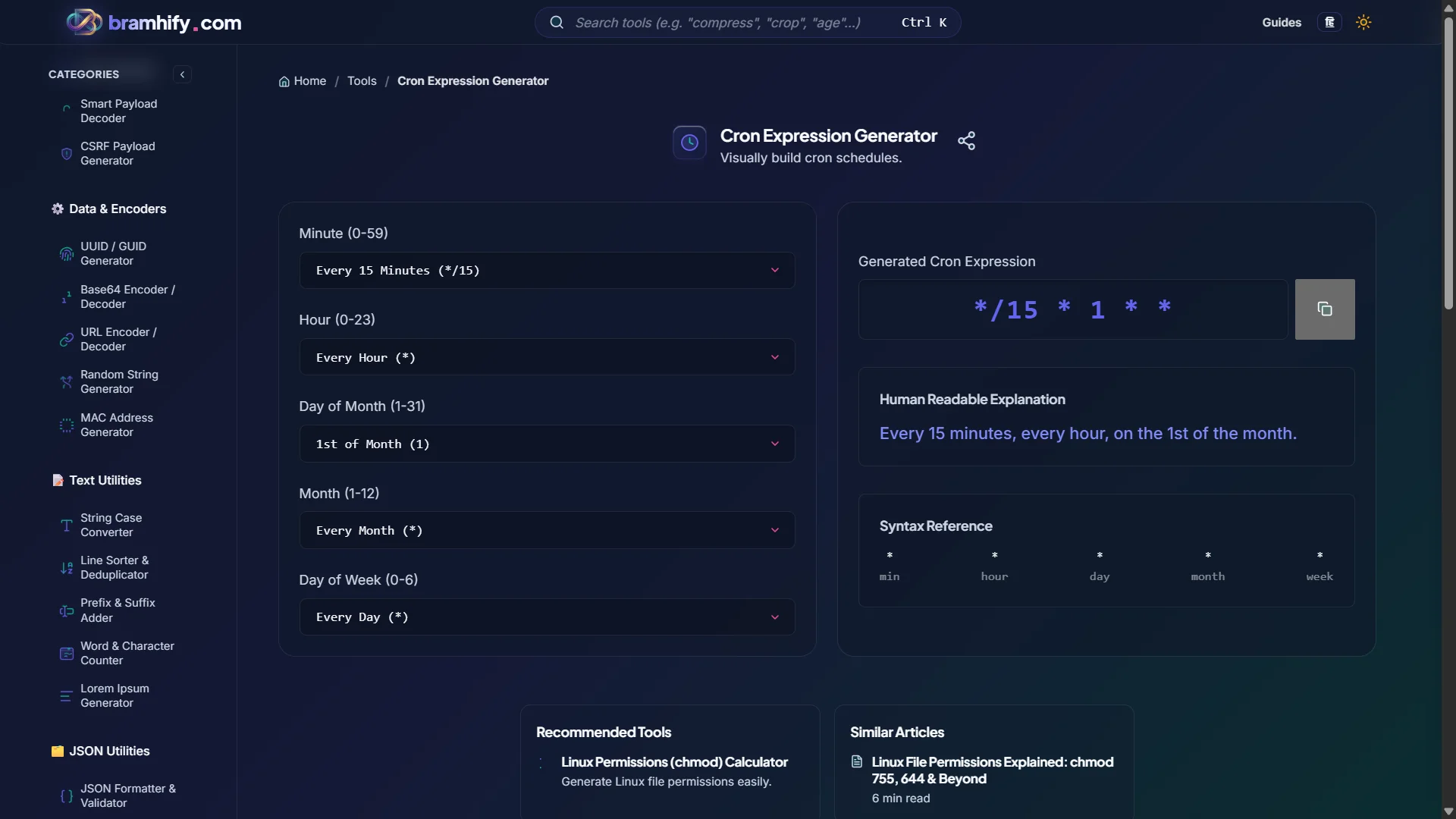 Bramhify Cron Expression Generator tool in action