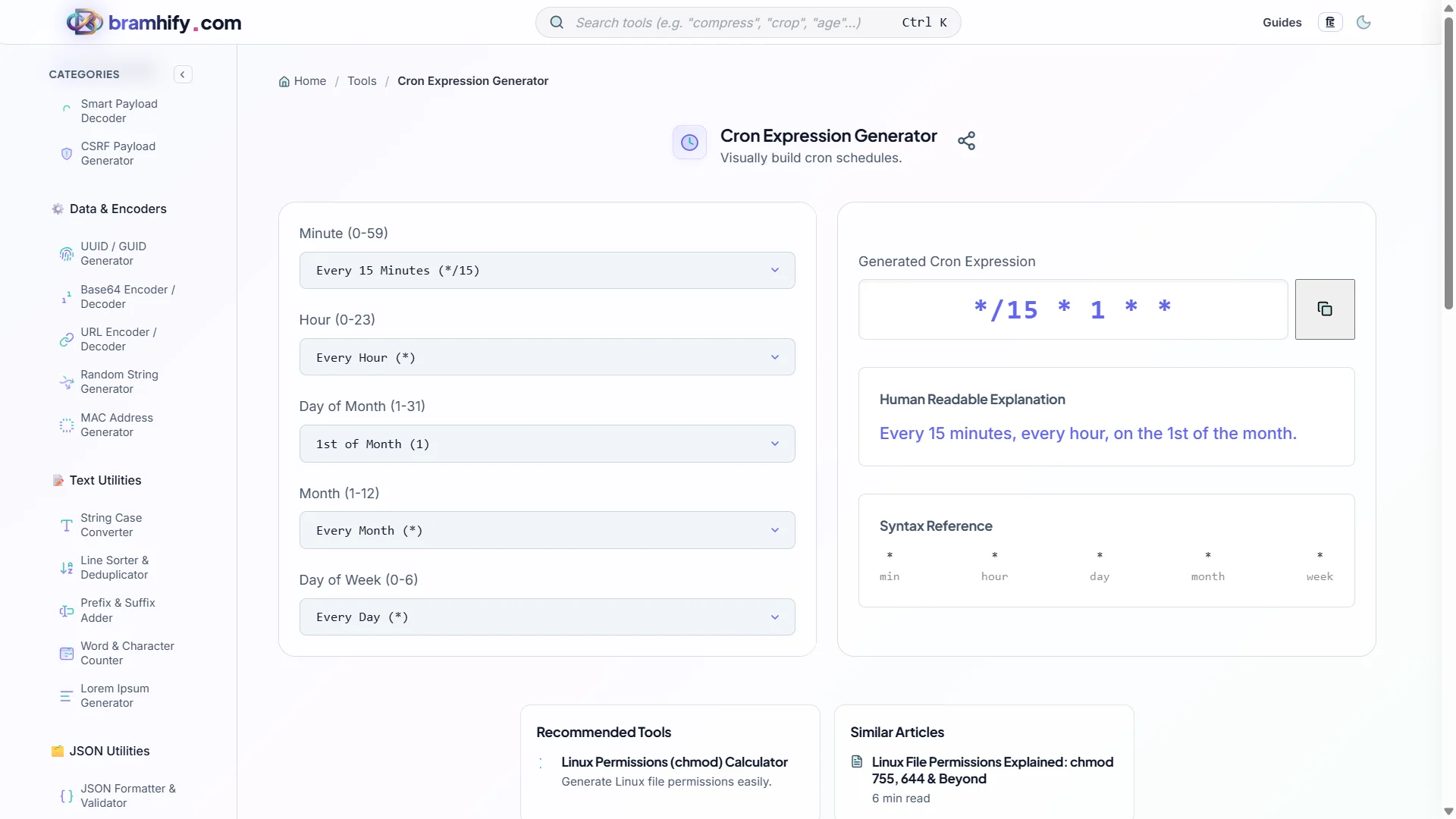 Bramhify Cron Expression Generator tool in action