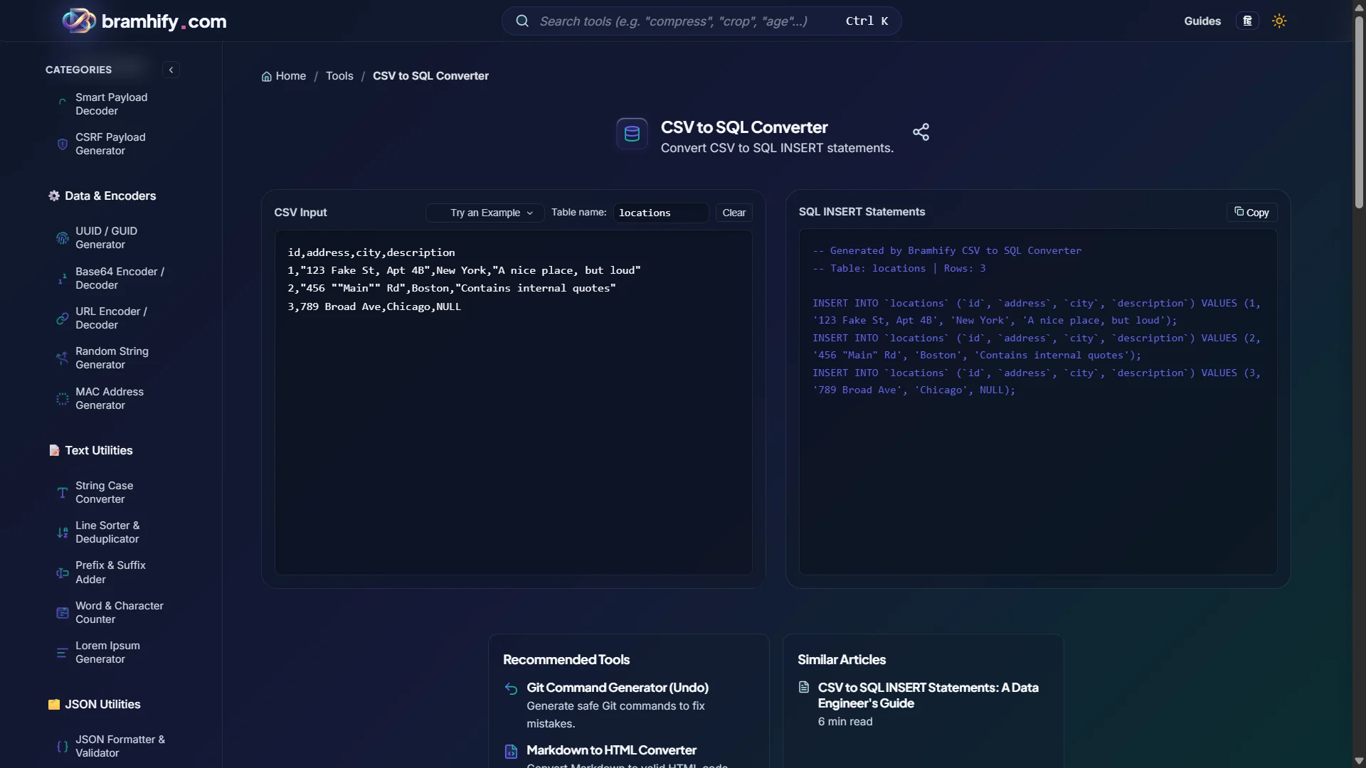 Bramhify CSV to SQL Converter tool in action