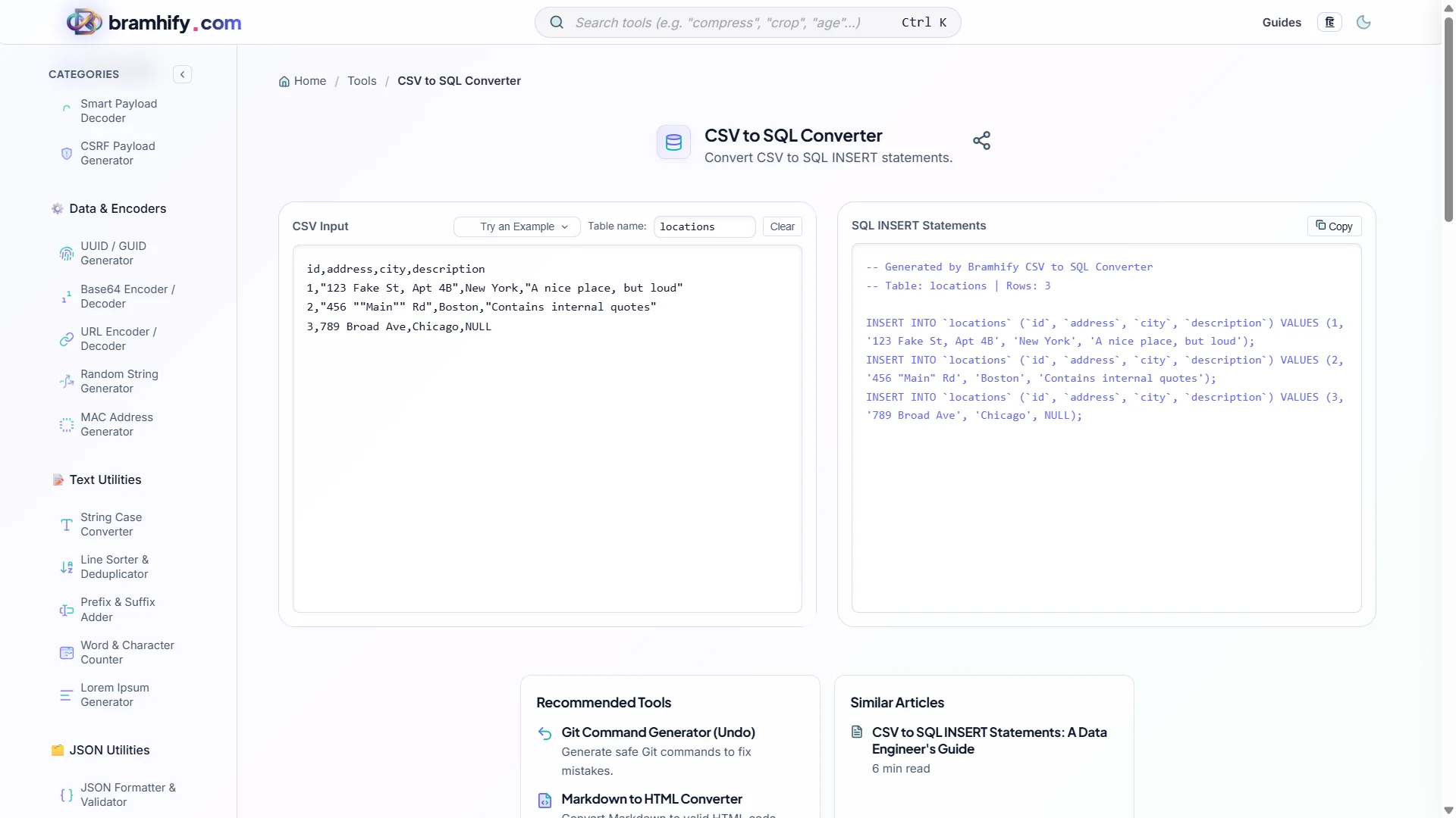 Bramhify CSV to SQL Converter tool in action