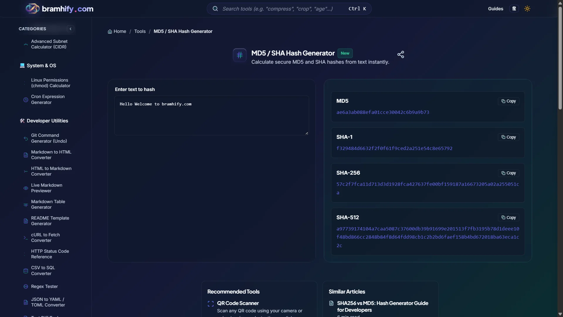 Bramhify MD5 SHA Hash Generator tool in action