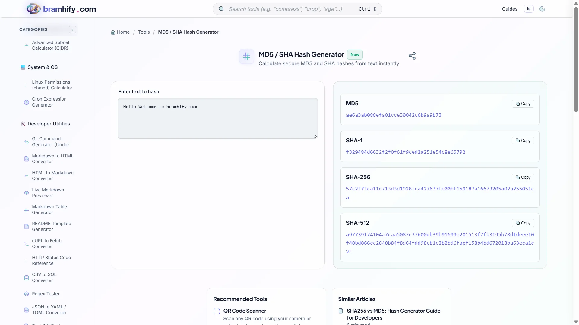 Bramhify MD5 SHA Hash Generator tool in action