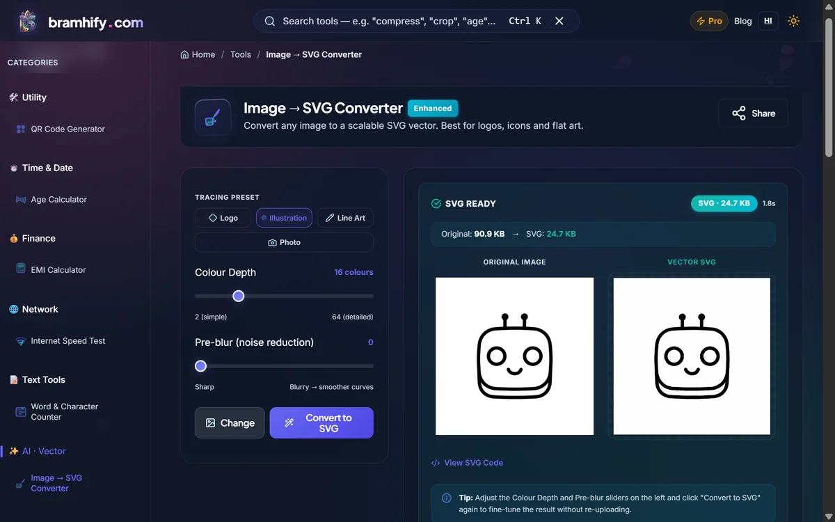Screenshot showing how to convert an image to a vector free online using Bramhify's Image to SVG tool in dark theme