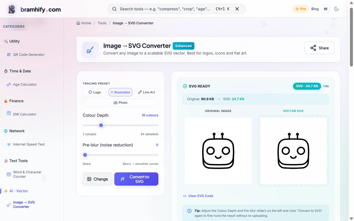 Screenshot showing how to convert an image to a vector free online using Bramhify's Image to SVG tool in light theme