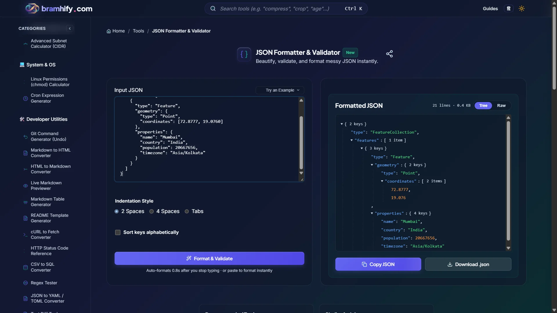 Bramhify JSON Formatter and Validator tool in action