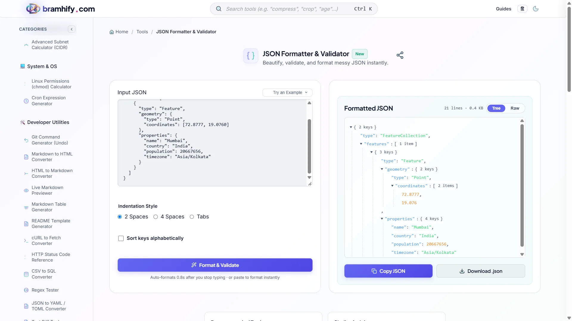 Bramhify JSON Formatter and Validator tool in action