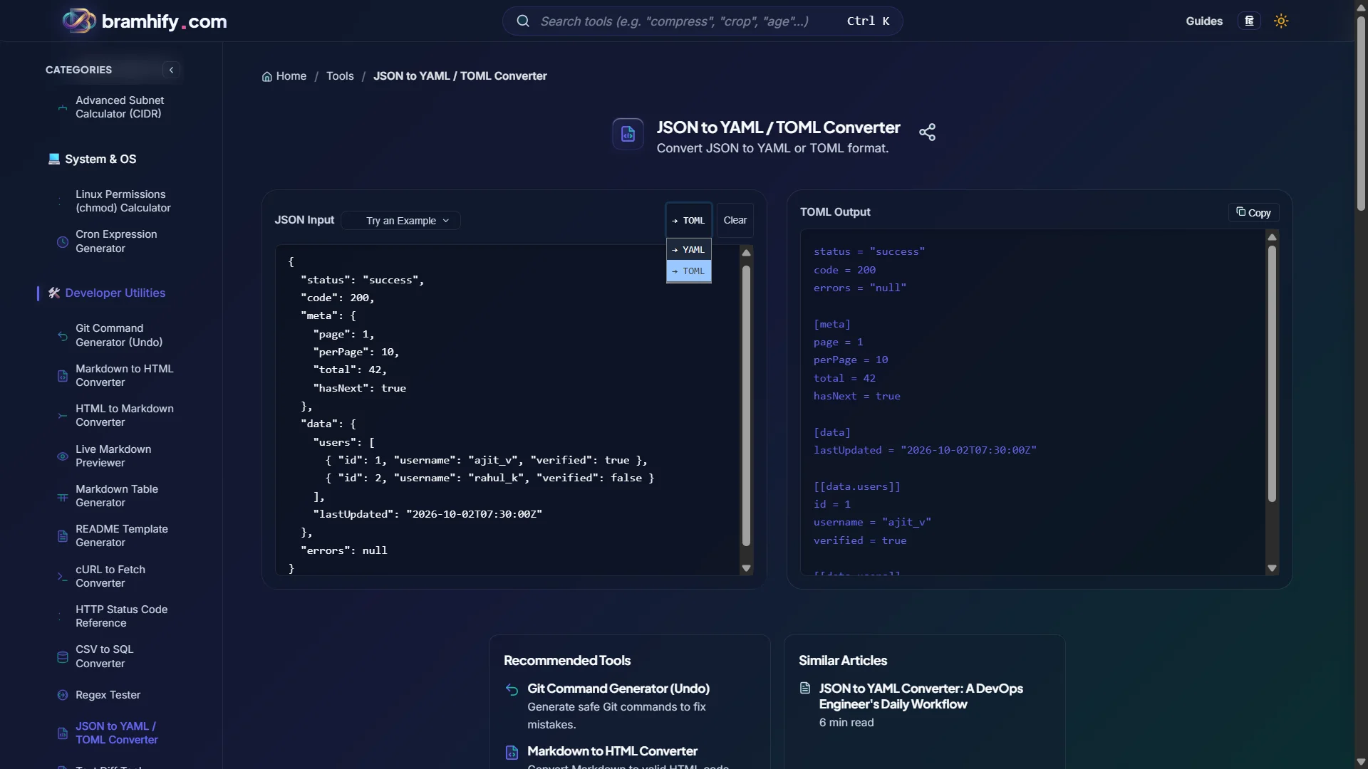 Bramhify JSON to YAML TOML Converter tool in action