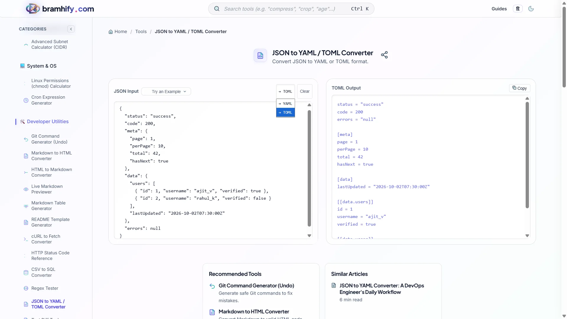 Bramhify JSON to YAML TOML Converter tool in action