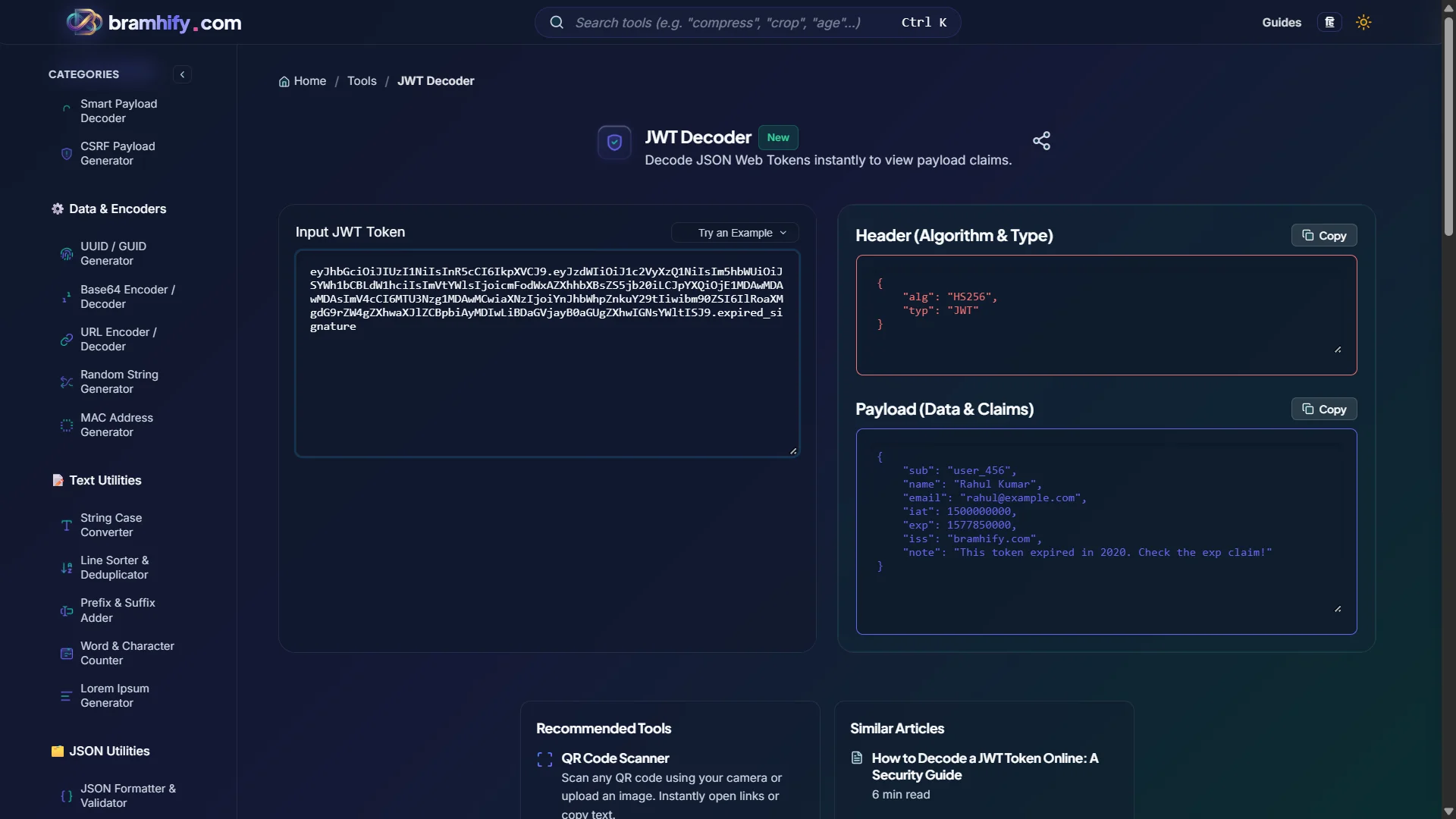 Bramhify JWT Decoder tool in action