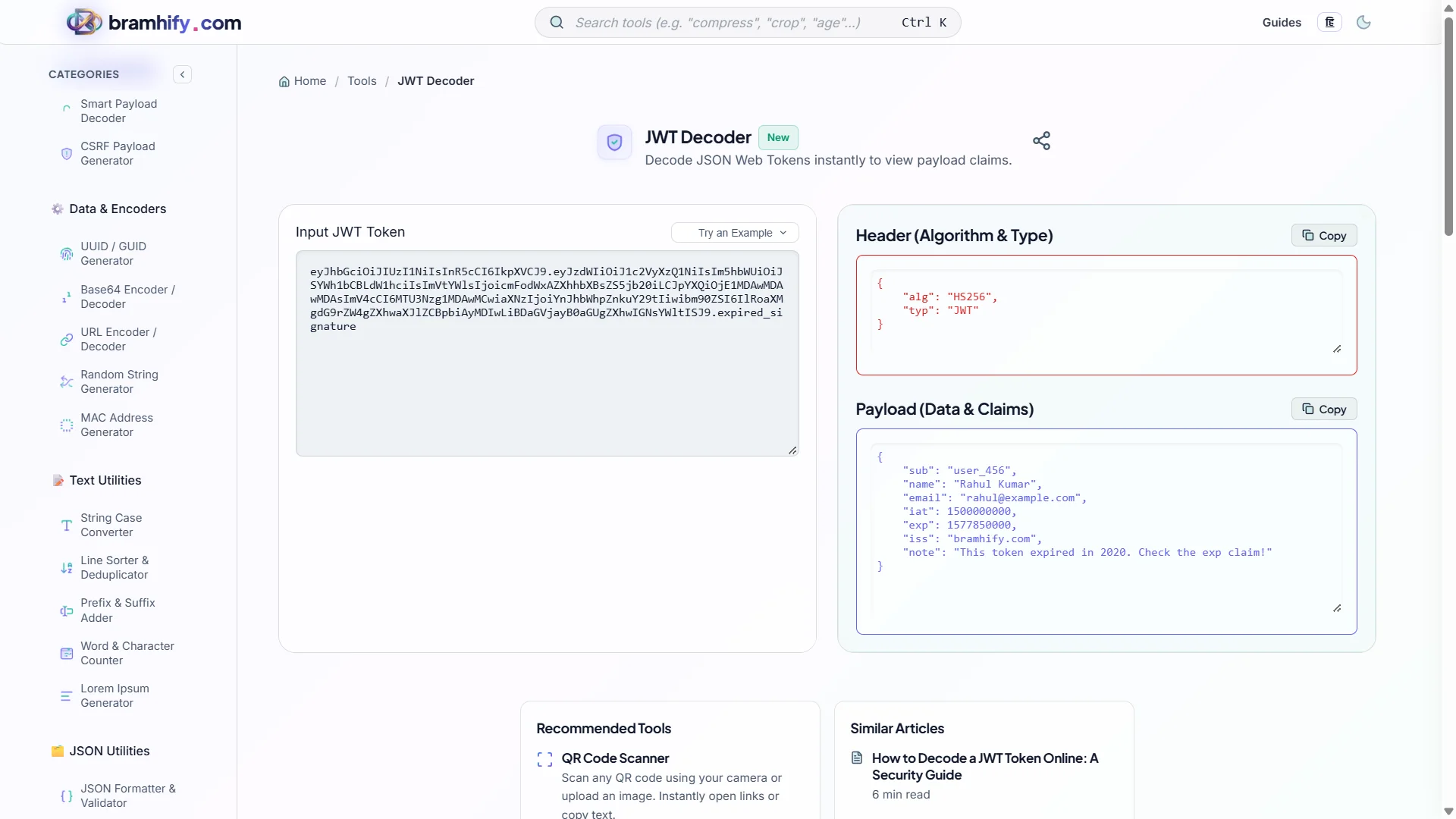 Bramhify JWT Decoder tool in action