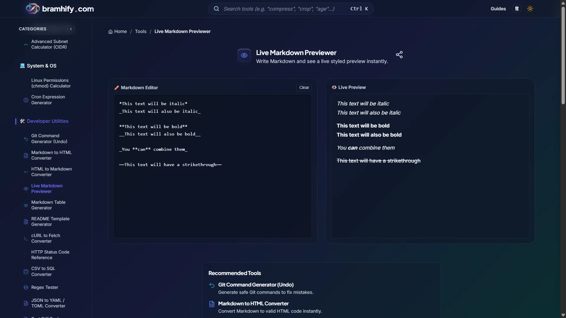 Bramhify Live Markdown Previewer tool in action