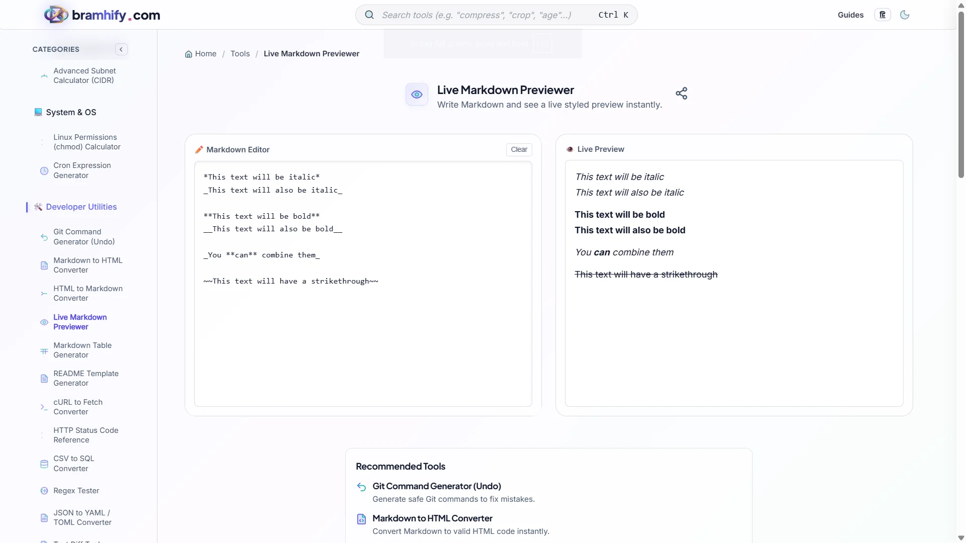 Bramhify Live Markdown Previewer tool in action