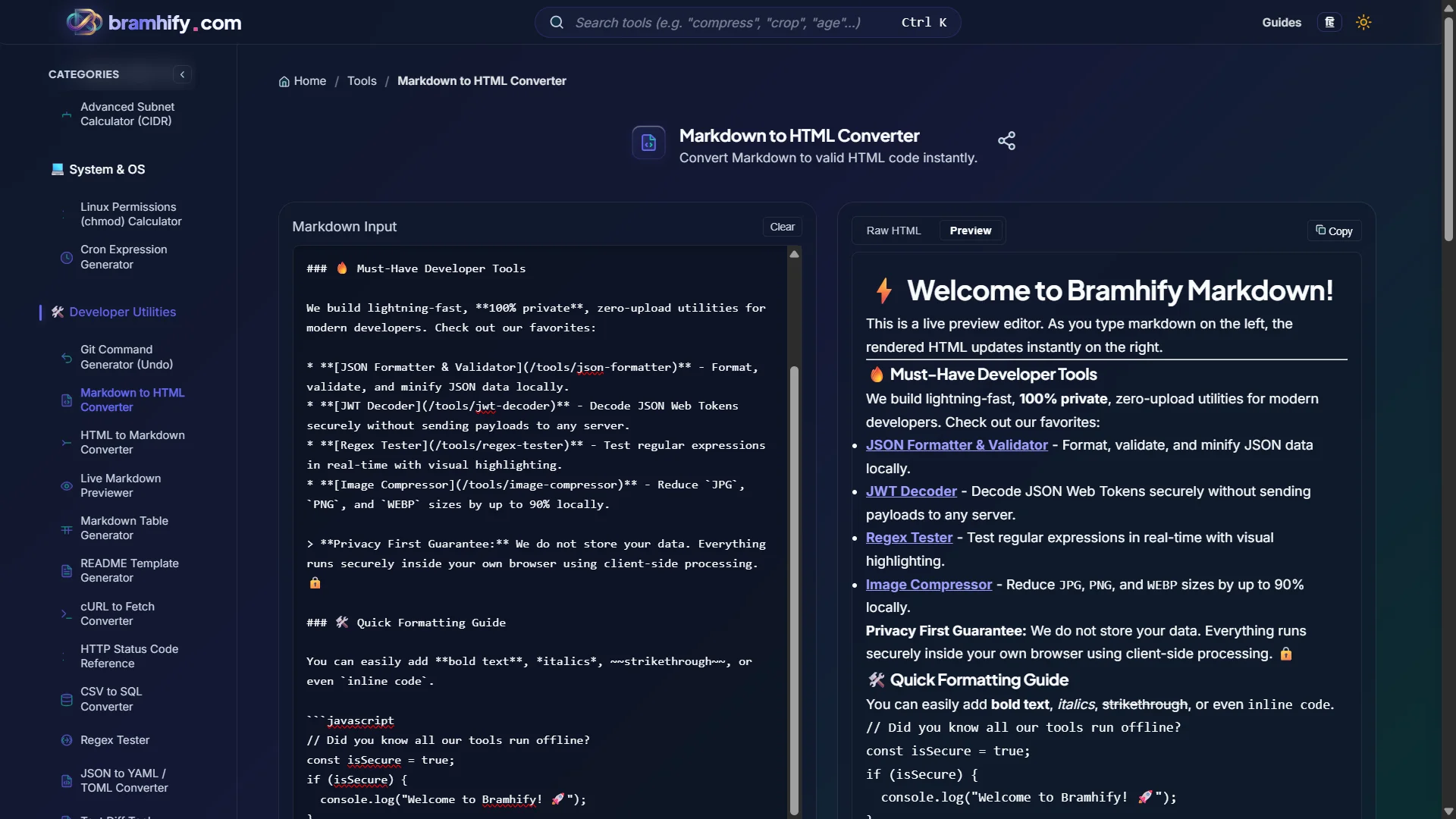 Bramhify Markdown to HTML Converter tool in action