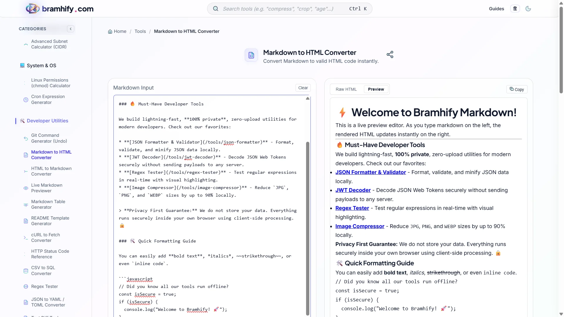 Bramhify Markdown to HTML Converter tool in action