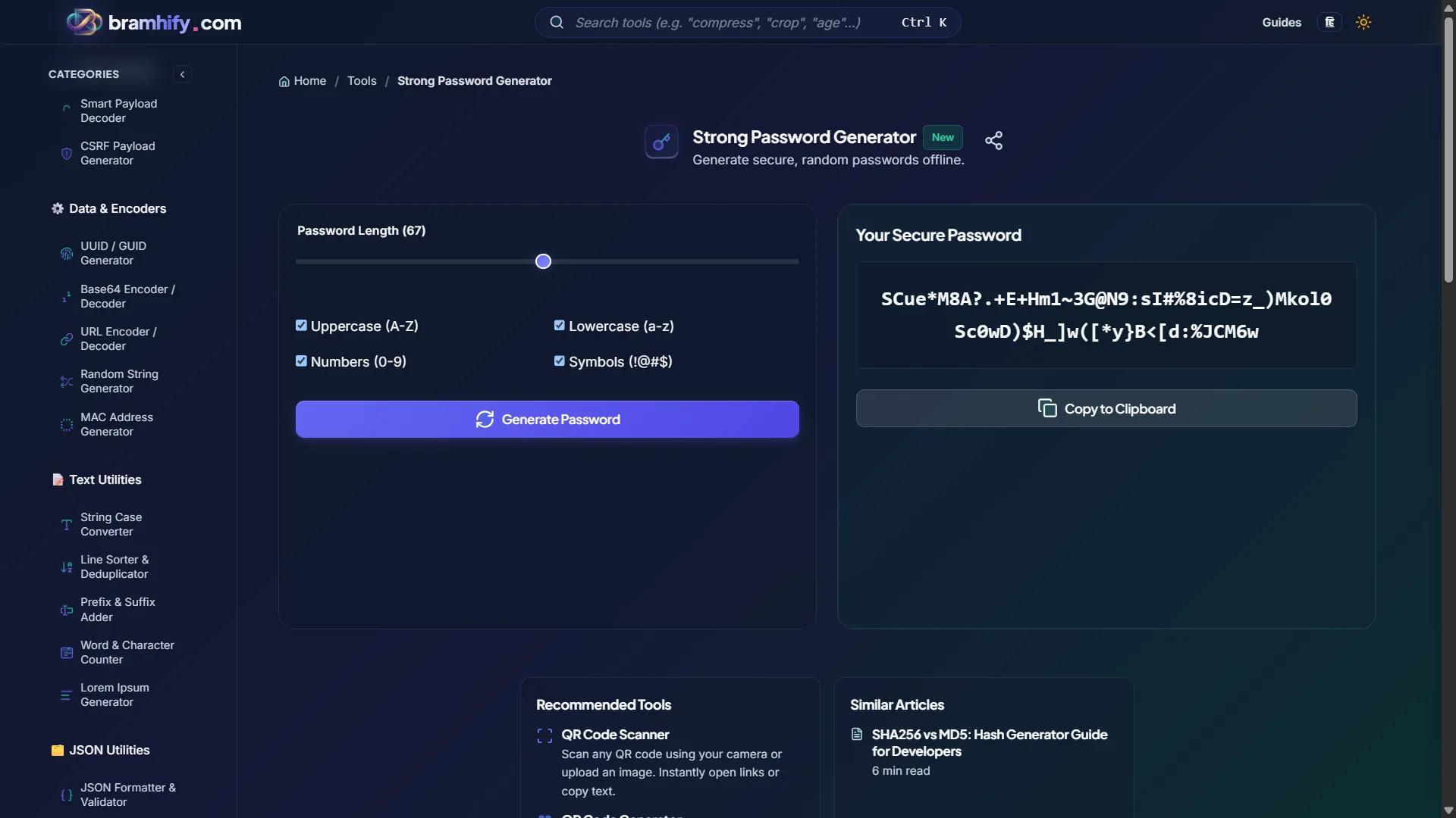 Bramhify Strong Password Generator tool in action