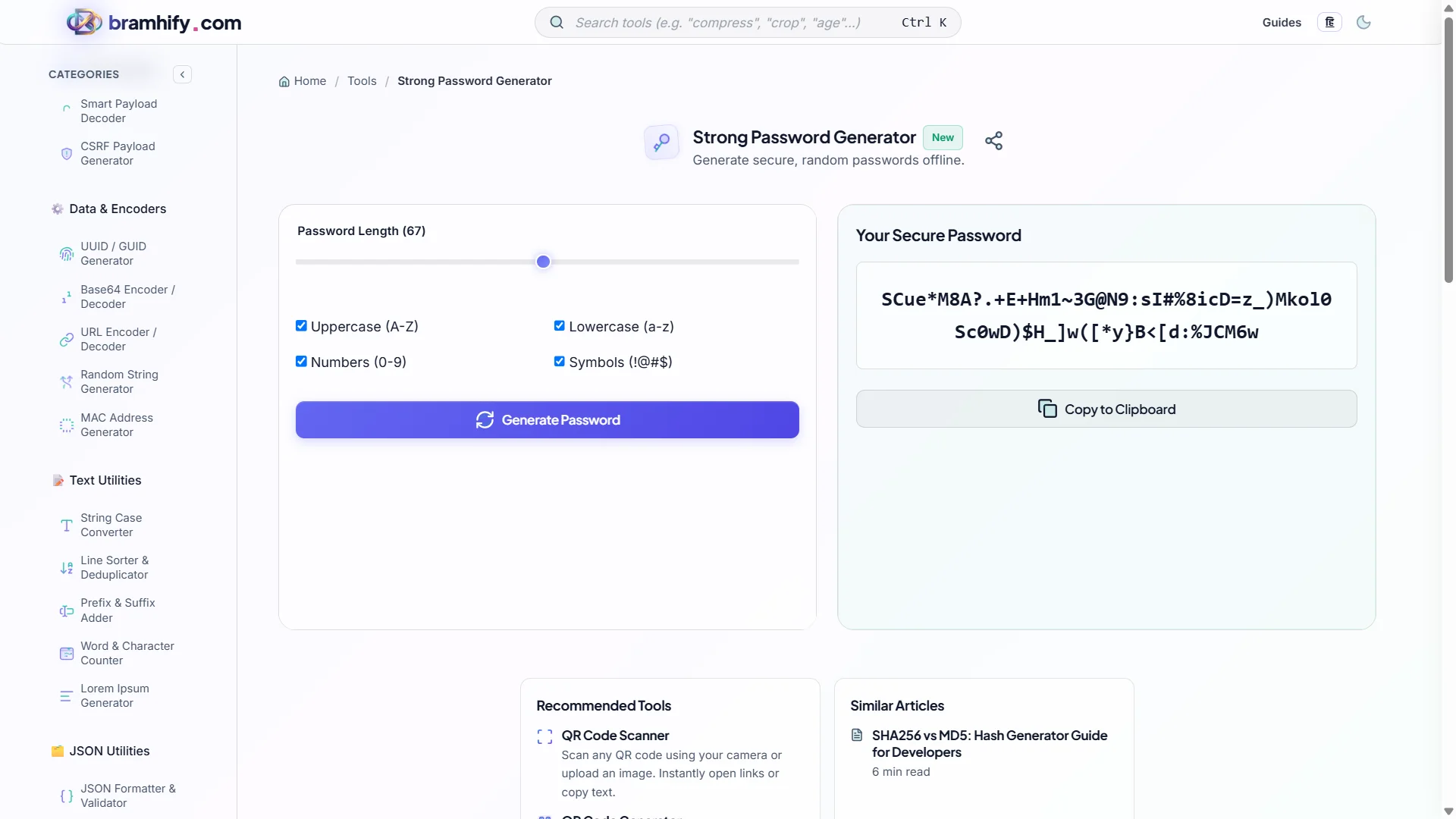 Bramhify Strong Password Generator tool in action