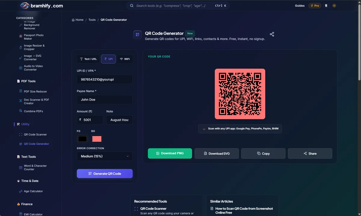 Bramhify qr-code-generator tool in action