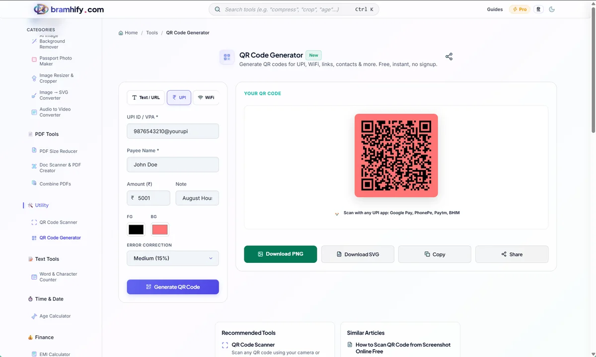 Bramhify qr-code-generator tool in action