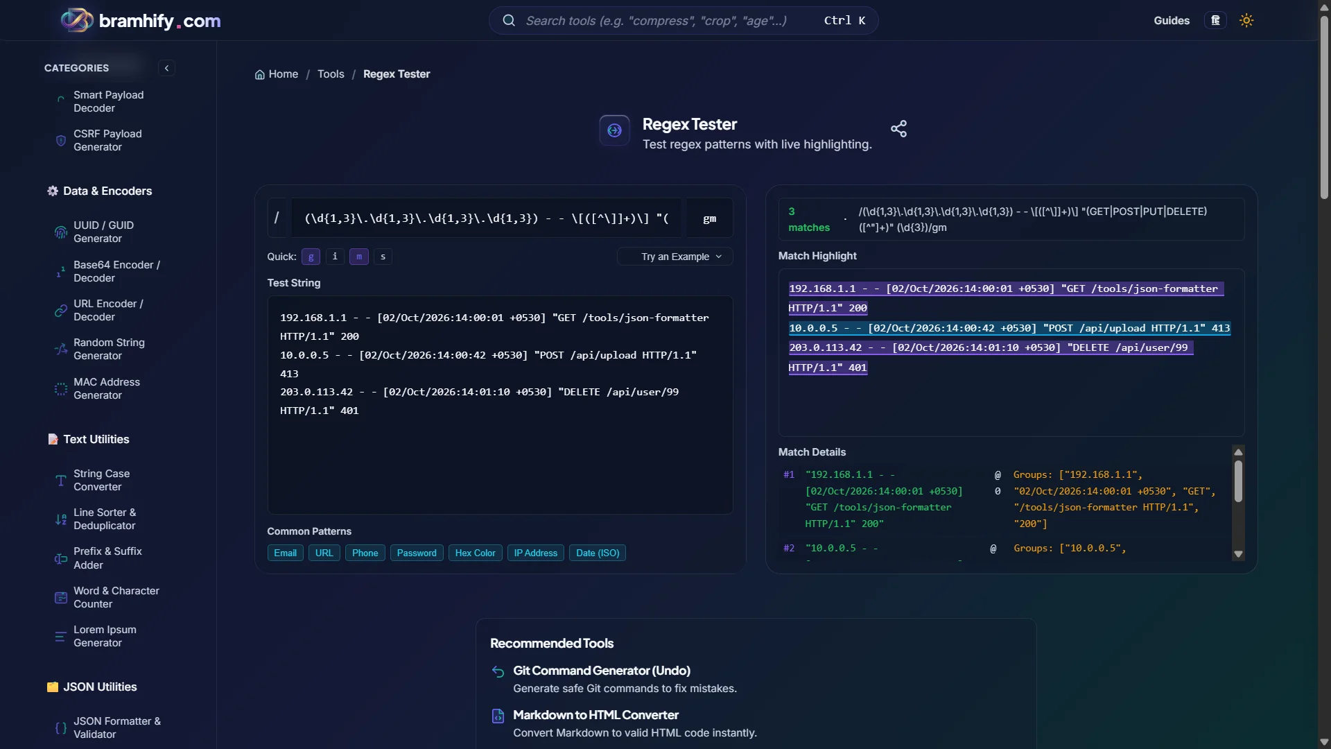 Bramhify Regex Tester tool in action