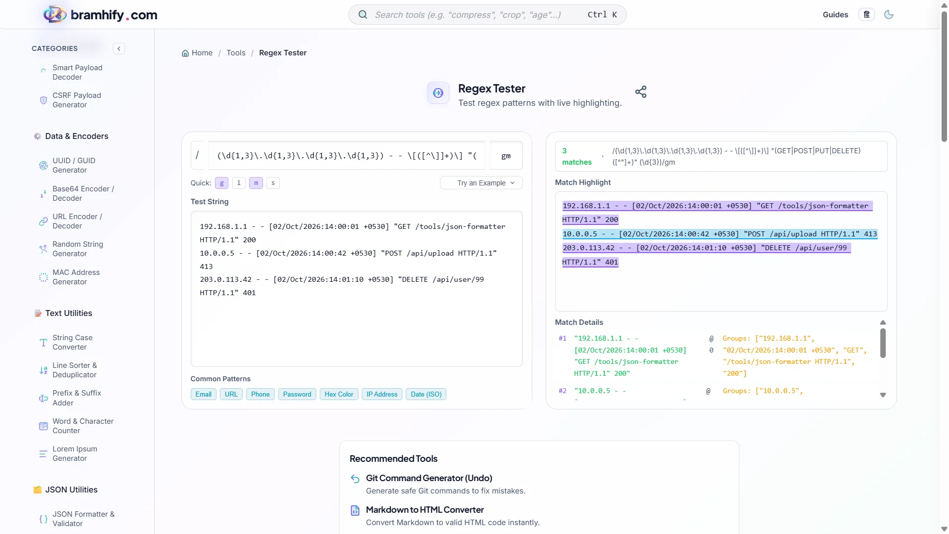 Bramhify Regex Tester tool in action