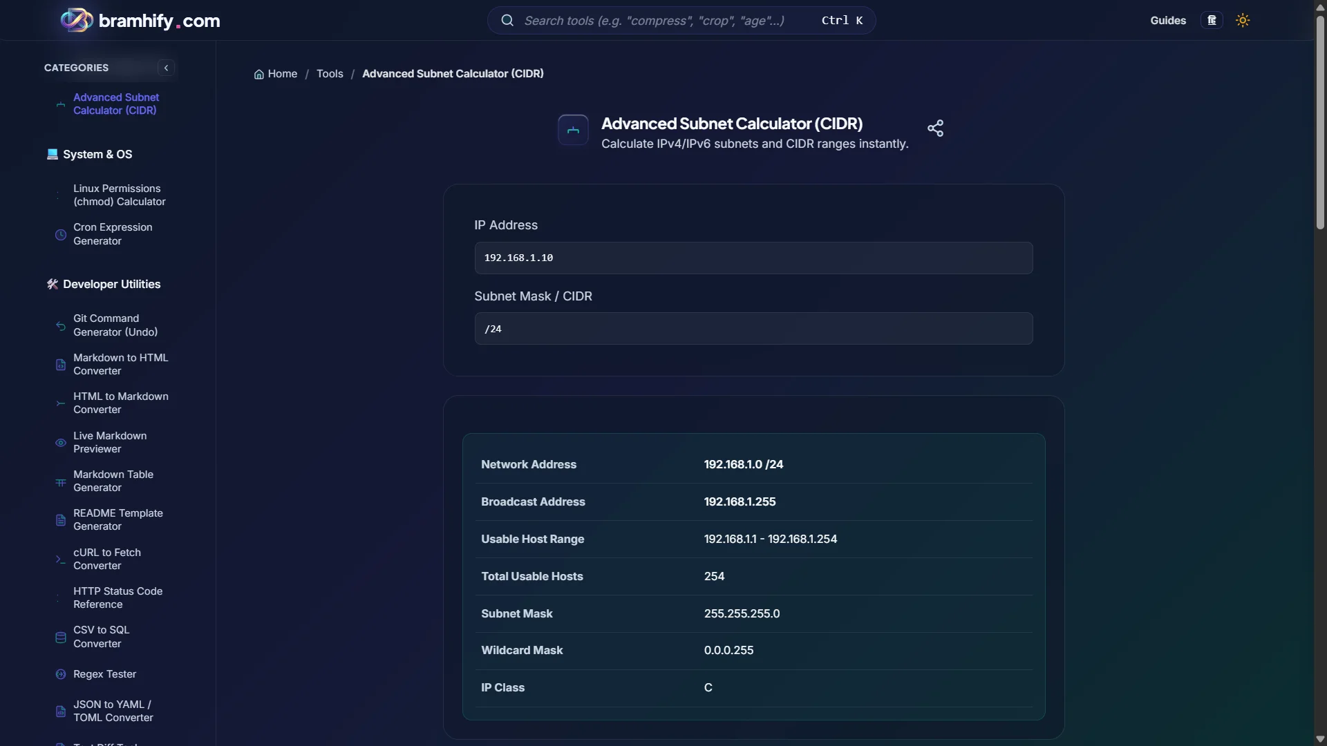 Bramhify Subnet Calculator tool in action