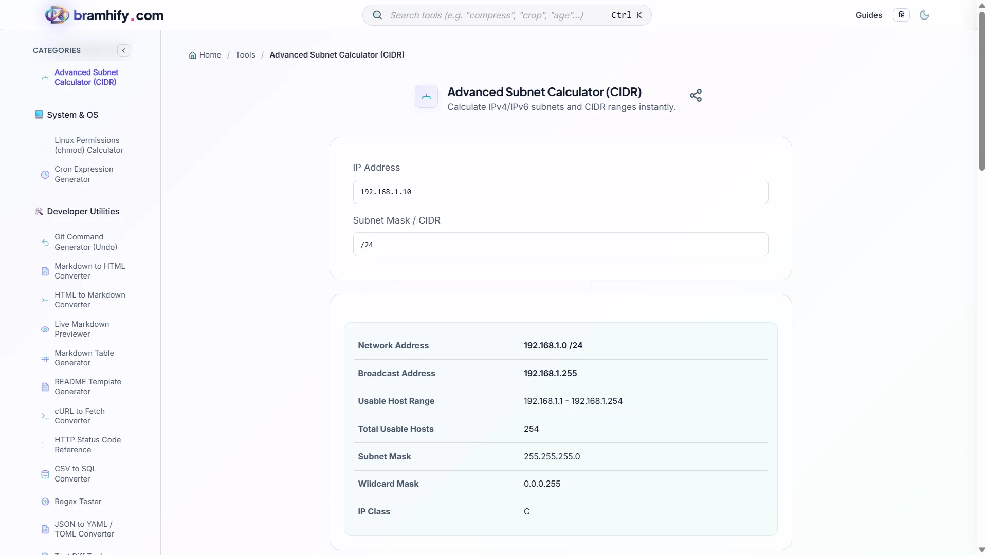 Bramhify Subnet Calculator tool in action