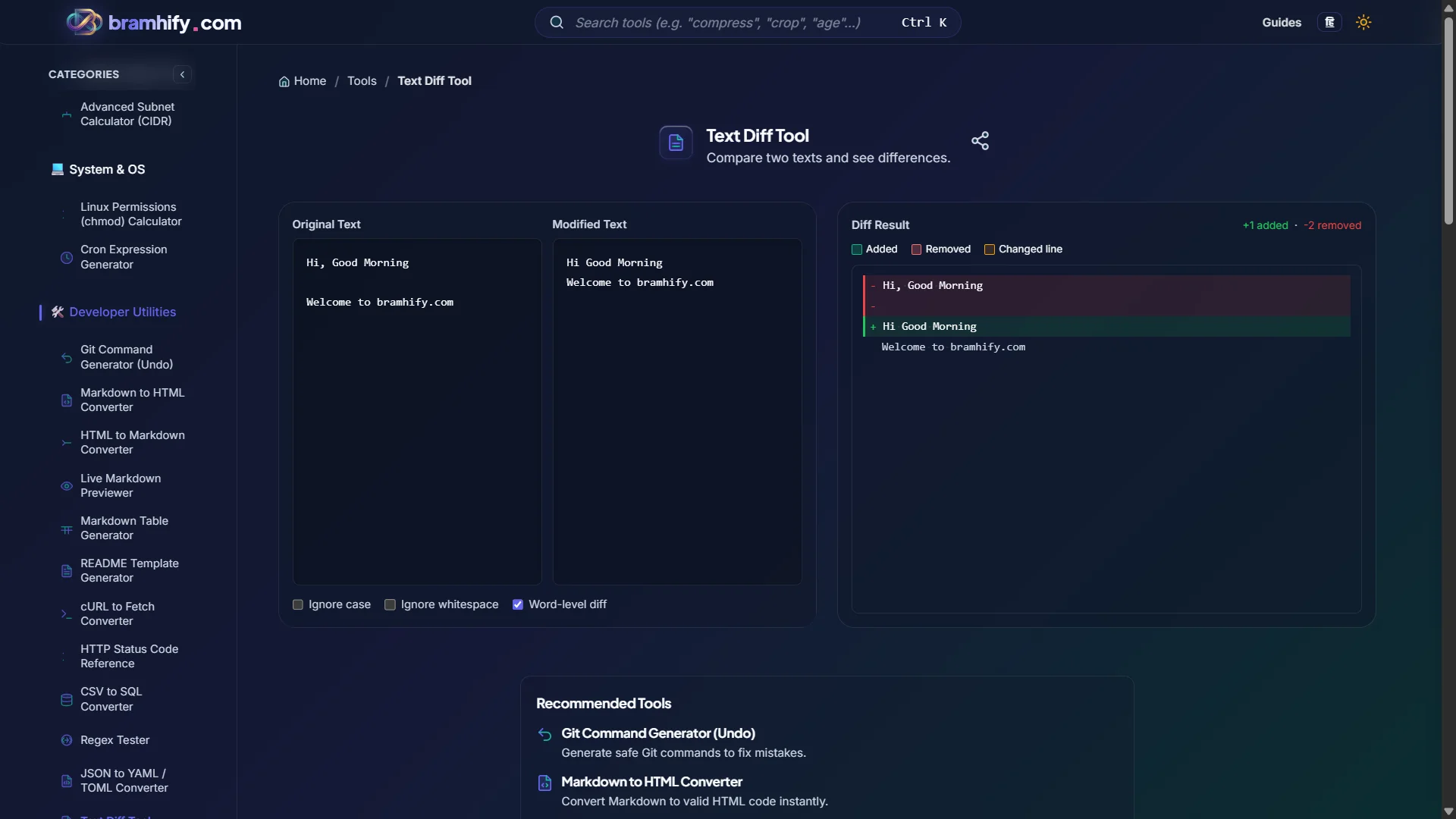 Bramhify Text Diff Checker tool in action