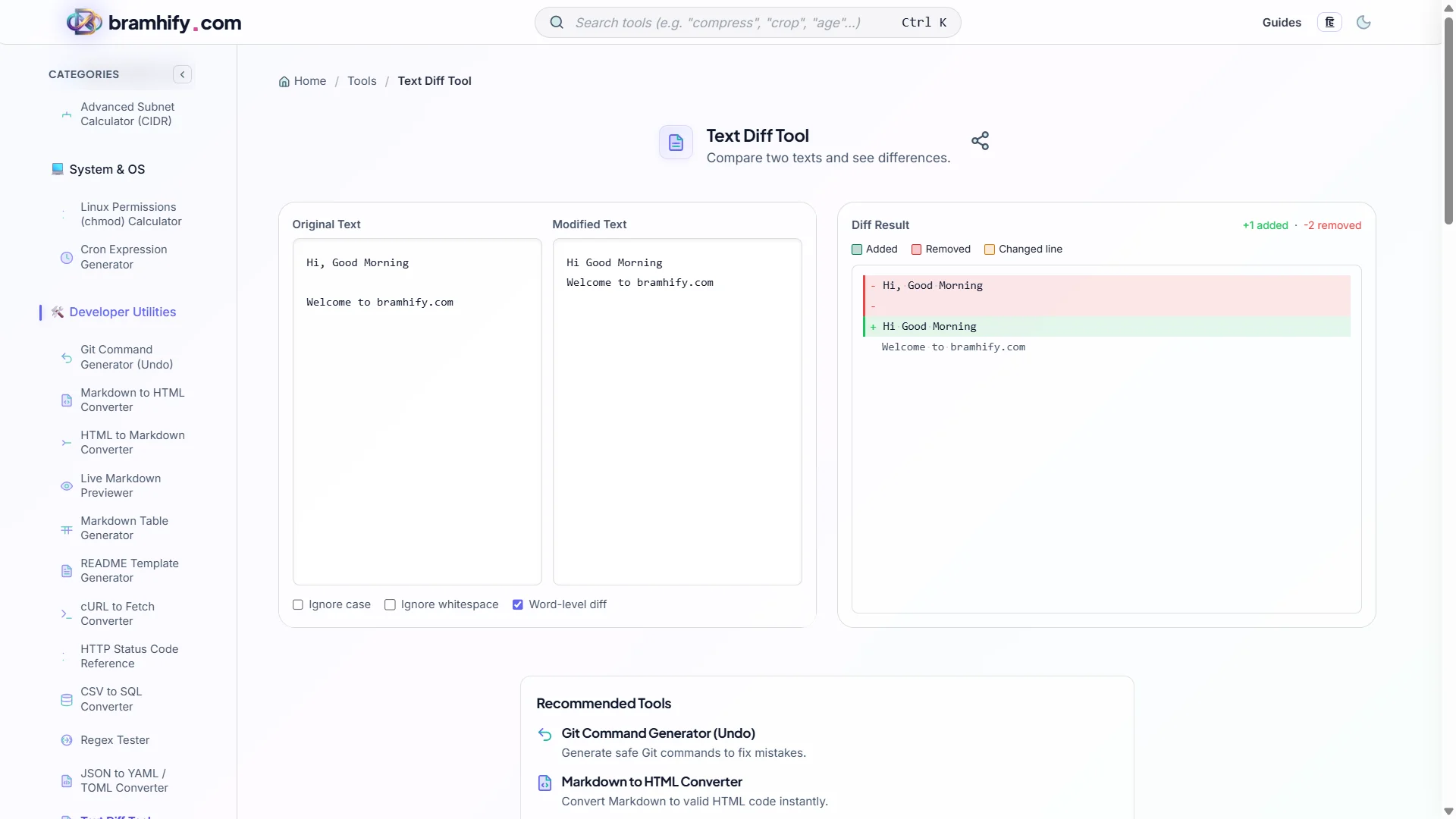 Bramhify Text Diff Checker tool in action